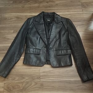 Cropped Black Leather Blazer Jacket by George